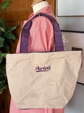 NWOT Ariat NYLON Canvas Handbag Tote Satchel Beige - Purple Embroidery, Accents